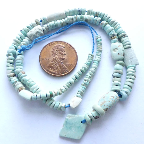 Turquoise, Ancient Heishi with Diamond Pendant, 16-inch Strand