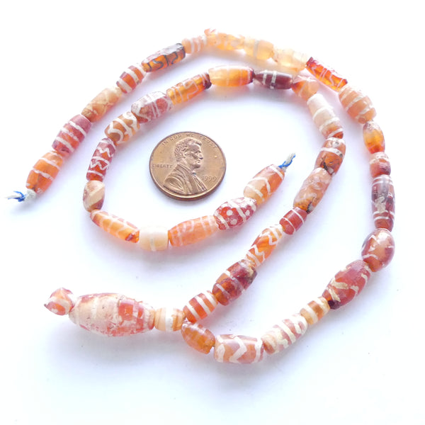 Carnelian, Ancient Etched from Afghanistan, Largest 17mm,  19-inch Strand