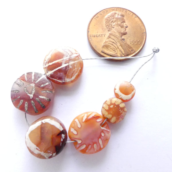 Carnelian, Ancient Etched Coin Shape Beads, 6-12mm Diameter, Set of 6