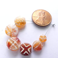 Carnelian, Ancient Etched Coin Shape Beads, 6-10mm Diameter, Set of 6