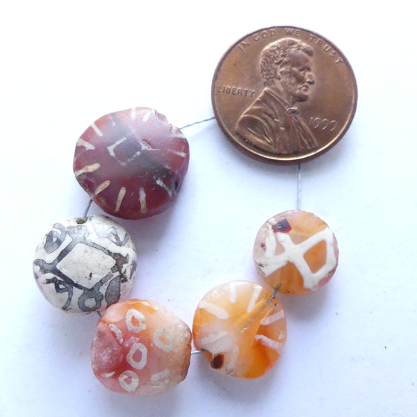 Carnelian, Ancient Etched Coin Shape Beads, Set of 5, Largest 14mm diameter