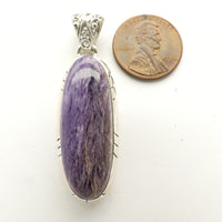 Charoite Pendant, Long Oval Set in Sterling Silver, 45x15mm