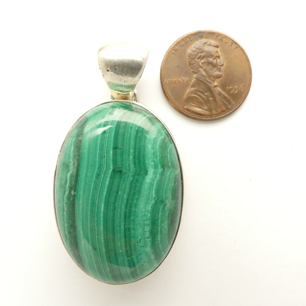 Malachite Pendant, Medium Oval Set in Sterling Silver, 45x25mm