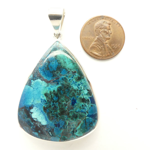 Chrysocolla Pendant, Large Teardrop Set in Sterling Silver, 55x33mm