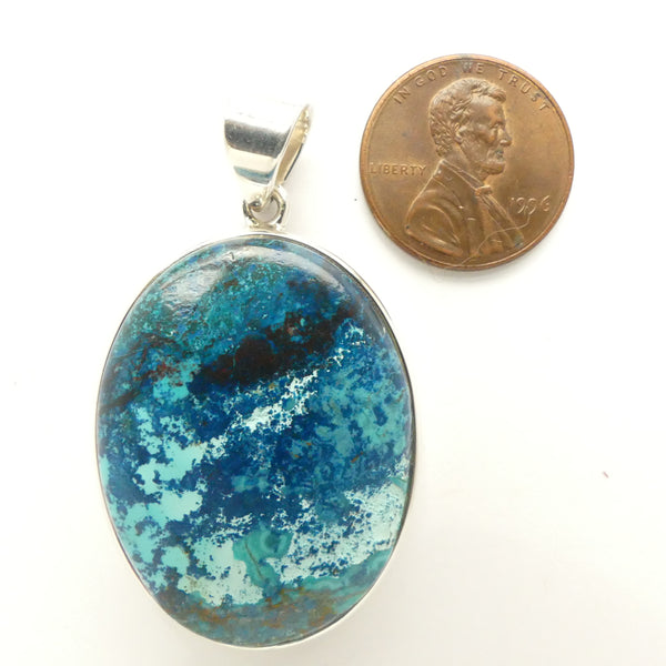 Chrysocolla Pendant, Medium Oval Set in Sterling Silver, 45x28mm