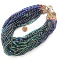 Naga Necklace, 69 Strands of Anique Translucent Blue and Aqua Beads, 19 Inches