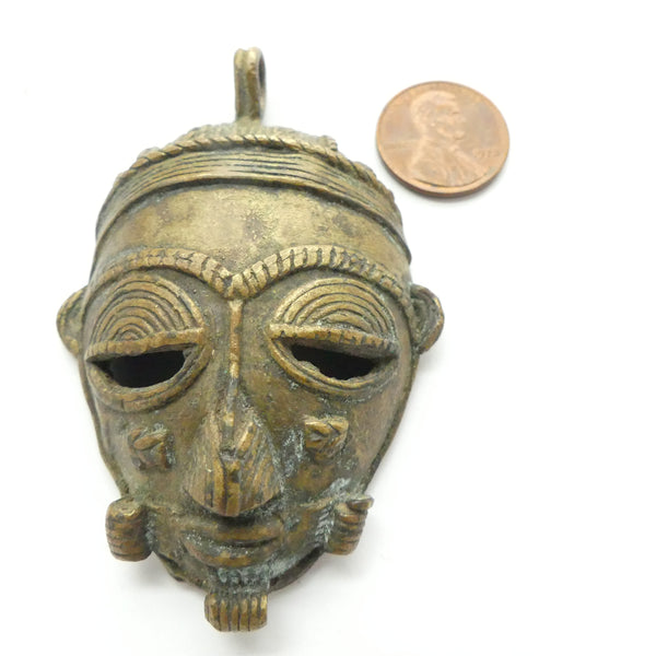 Brass, Mask, Vintage, Large Lost Wax Cast From Ghana, 3" Long