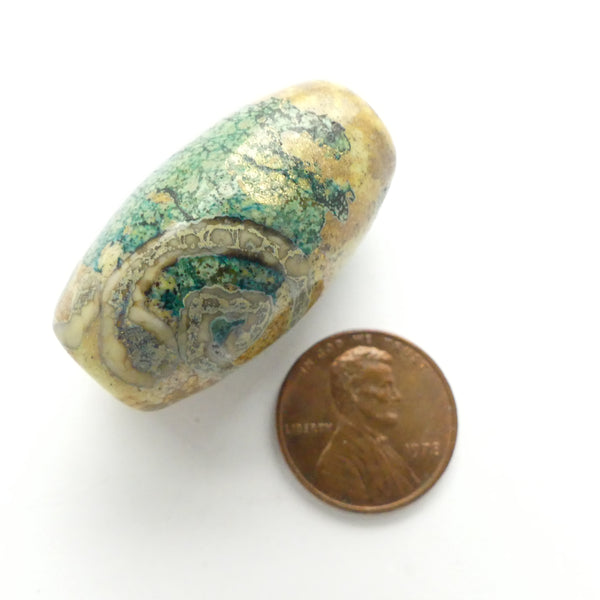 Rene Roberts "Moss" Bead, Subtle Blues & Greens with Gold, 34x20mm