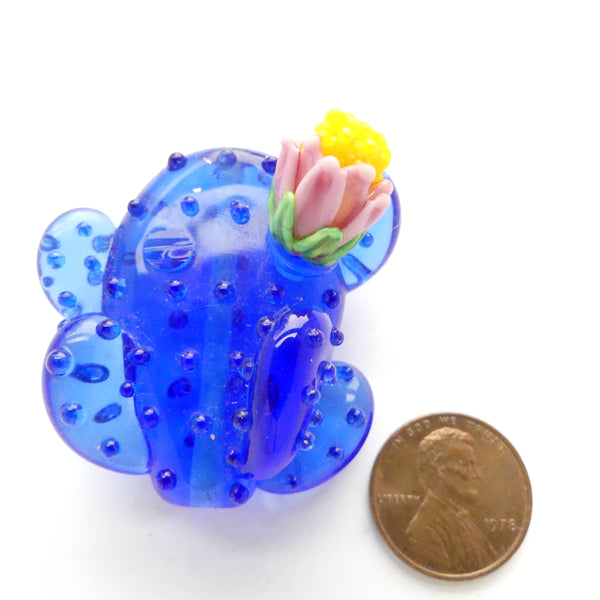 Elizabeth Blood Bead, Blue Cactus with Flower, 40mm Tall