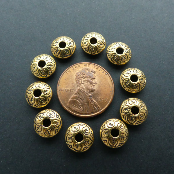 Cast Gold Tone Decorated Rondelles 4x8mm, Pkg of 30 grams