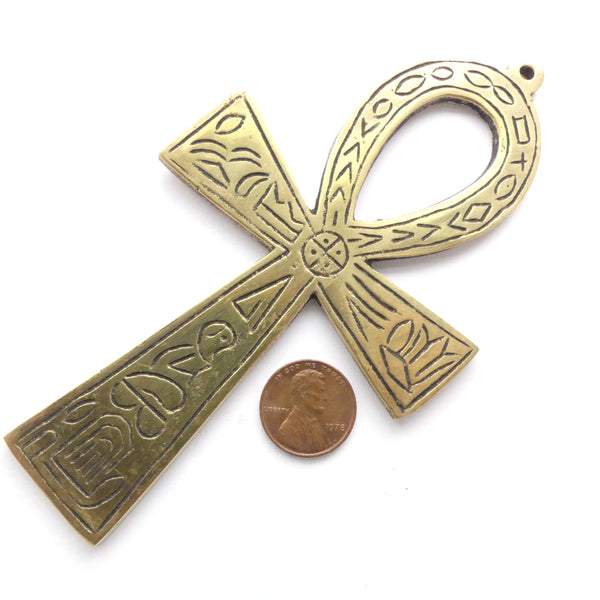 Ankh, or "Key of Life" Pendants, Brass, Extra Large, Decorated 4" Tall