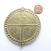 Brass, African Inspired Flat Round Bead with Cross Designs, 65mm Diameter