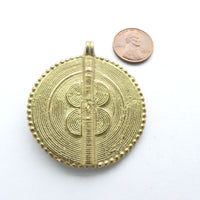 Brass, African Inspired Large  Flat Round Pendant with Sun/Moon Design, 46mm Diameter