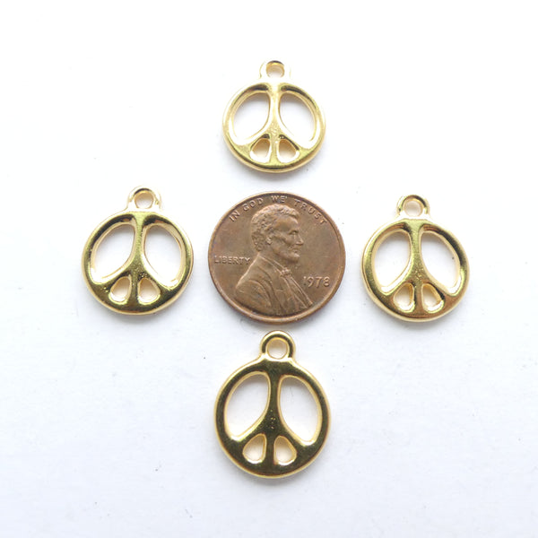 Peace Sign Charm, Cast Gold-plated Pewter, 18mm, Set of 4