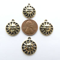 Sun Face Charm, Cast Antiqued Gold-Plated Pewter, 20mm, Set of 4