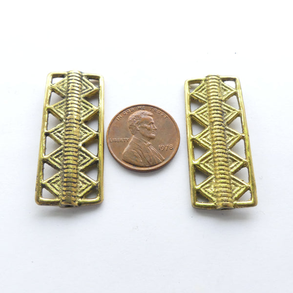 Brass, African-Inspired Narrow Rectangle Beads, 38x16mm, Sold Individually