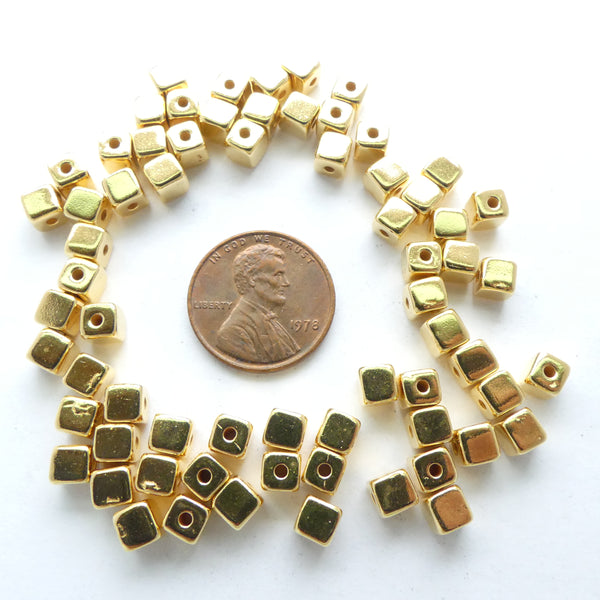 Gold-Plated, Cast Cube Beads,  Pewter, 4mm, Set of 10