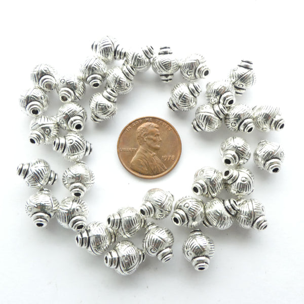 Cast Silver-tone Collared Beads with Etching, Set of 8