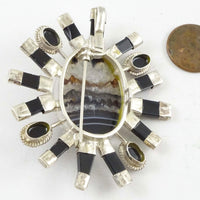 Agate, Onyx, Coral & Silver Pin/Pendant by Indian Designer Rajinder Singh, 2.75 inches long