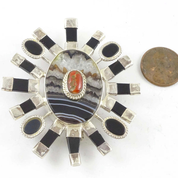 Agate, Onyx, Coral & Silver Pin/Pendant by Indian Designer Rajinder Singh, 2.75 inches long