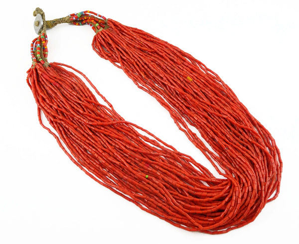 Naga Necklace of Vintage Red Glass Bugle Beads, 26”,