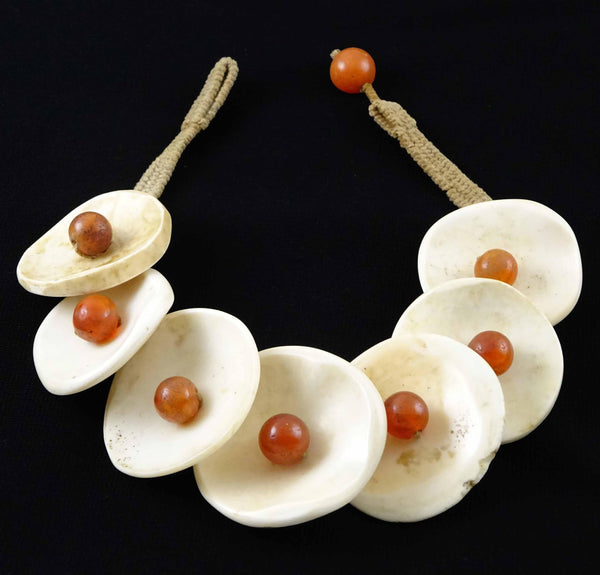 Naga Necklace, Antique Round Shells & Carnelian Beads, 15.5 Inches