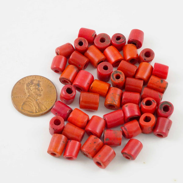 Naga Glass, Antique Short Cylinder Beads, Red-Orange, 7x5mm, Bags of 21 grams