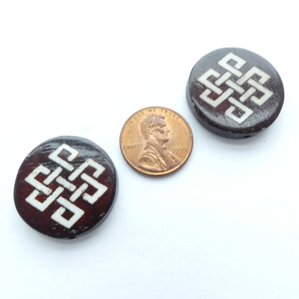 Bone Coin-Shape Beads with Inlay 25mm Diameter, Pair