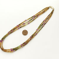 Tourmaline, Vintage Three Strand Necklace of Tourmaline with Gold Clasp & Spacers